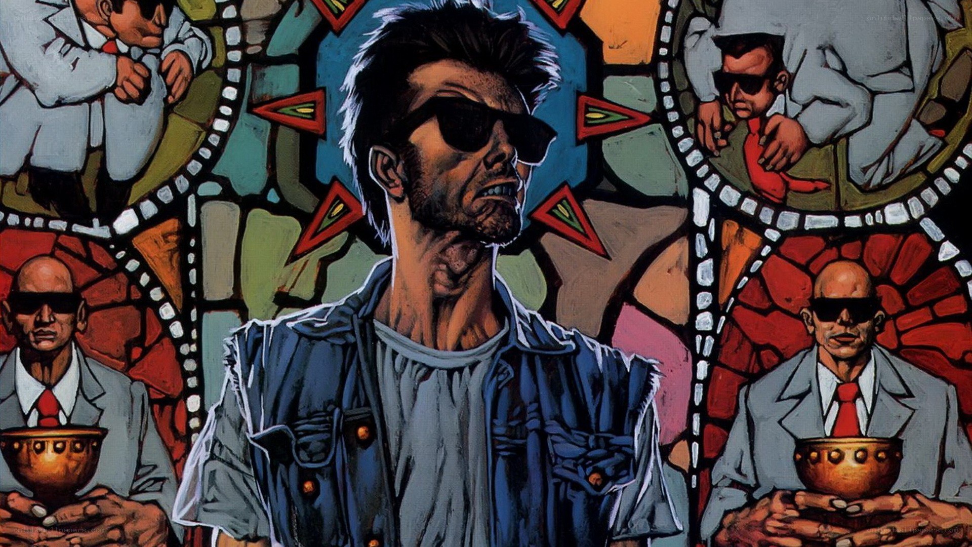 man in sunglasses with stained glass background