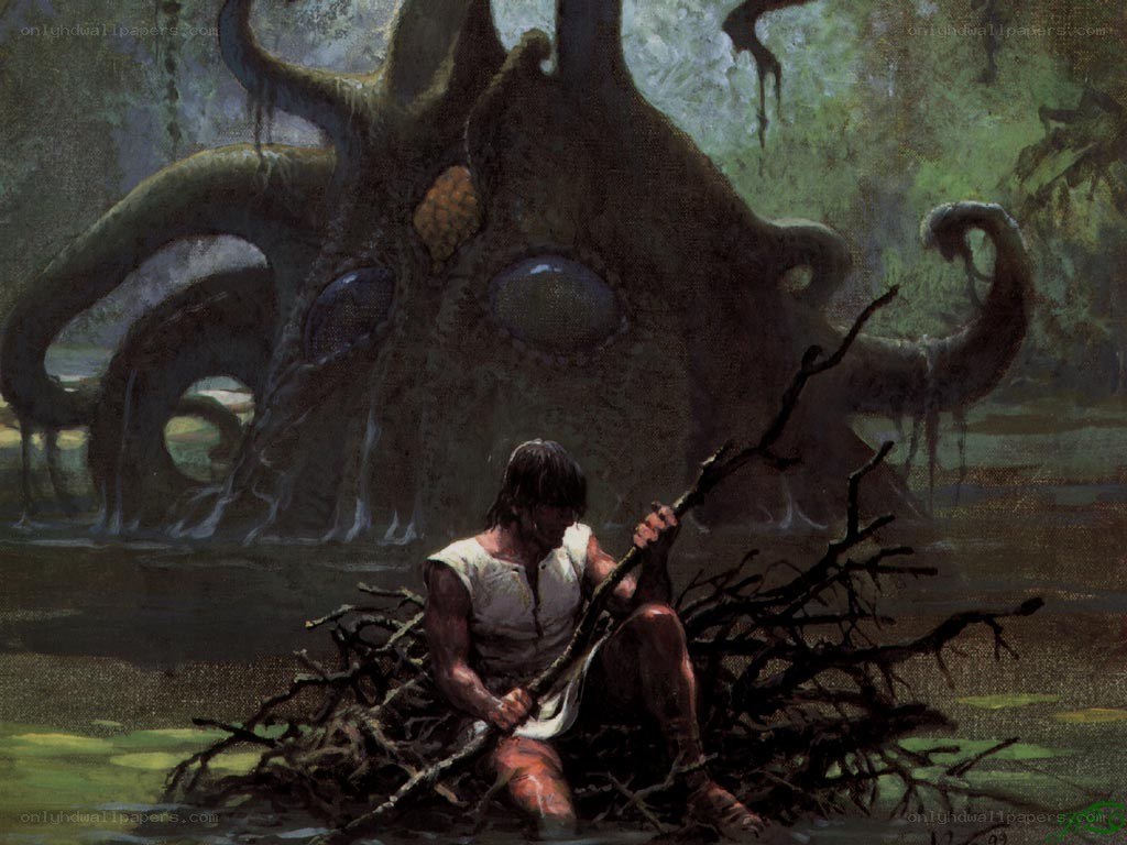 Man in swamp with tentacled creature