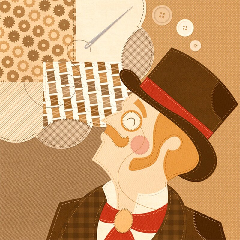 man in top hat with sewing theme