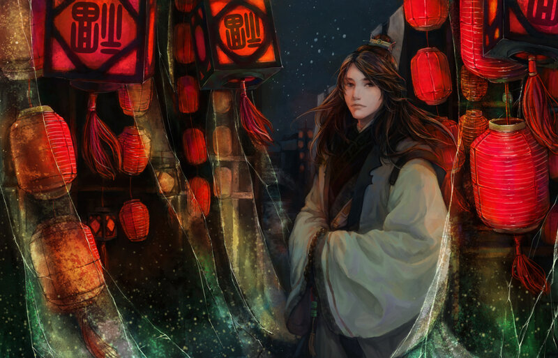 Man in Traditional Robes — Red, Dramatic, Night