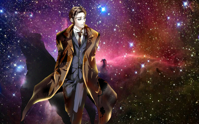 man in trench coat against stars