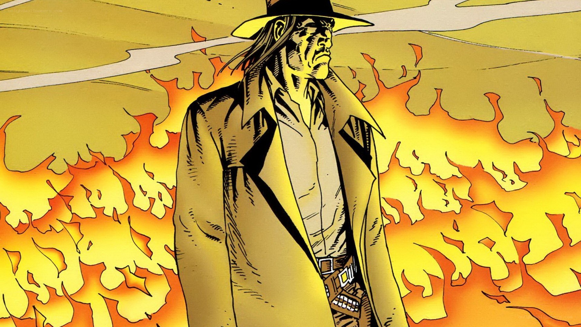 man in trench coat amidst fire
