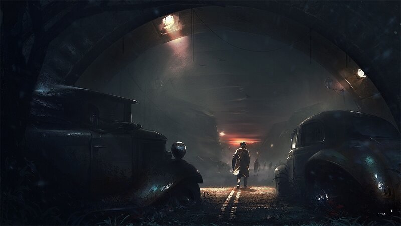 Man in Trench Coat — Black, Dramatic, Night, Digital Art, Abandoned Cars