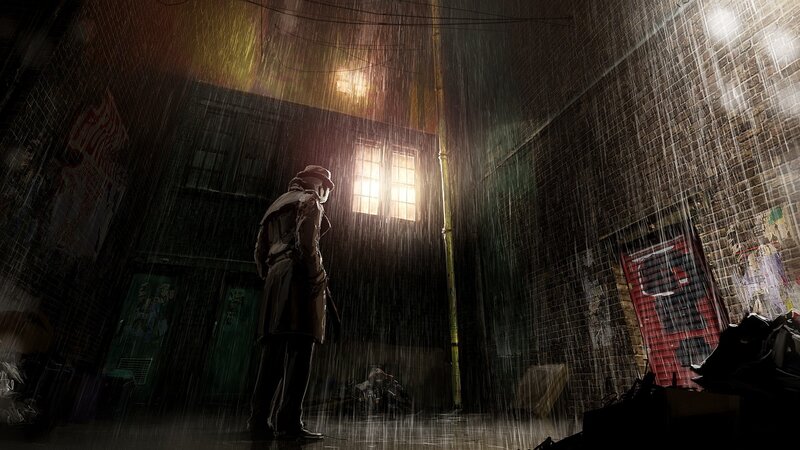Man in Trench Coat — Black, Dramatic, Night, Digital Art, Rain, Alley, Brick Walls