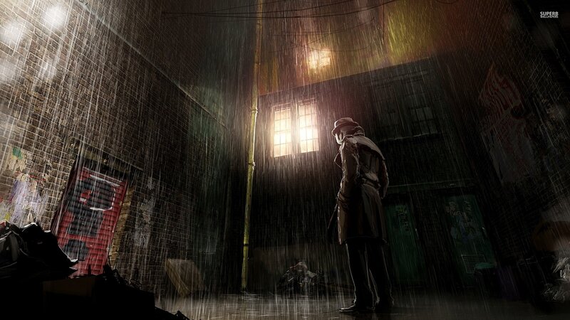 Man in Trench Coat — Black, Dramatic, Night, Digital Art, Rain, Alley