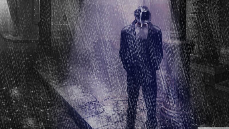 Man in Trench Coat — Black, Dramatic, Night, Digital Art, Rain
