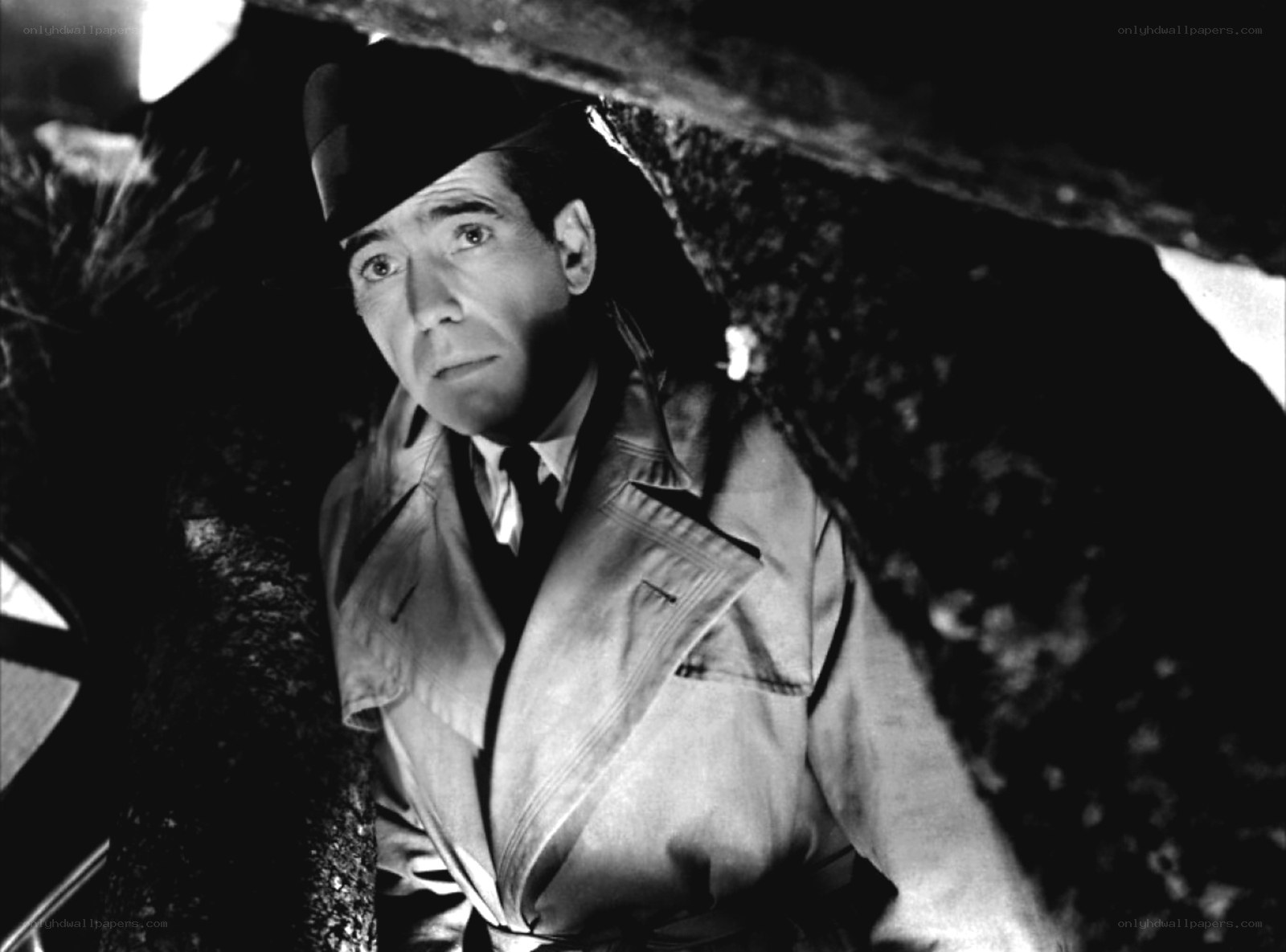 man in trench coat looking up