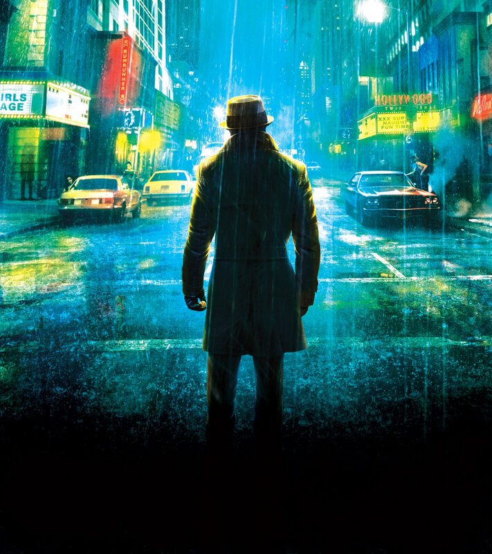 Man in trench coat on rainy street