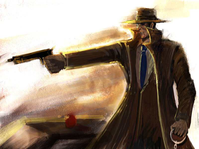 man in trench coat with gun