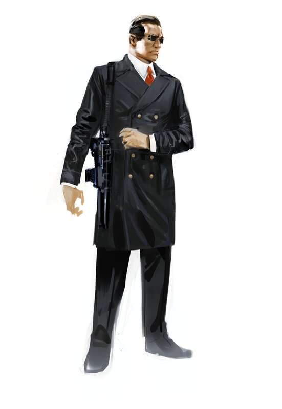 man in trench coat with gun