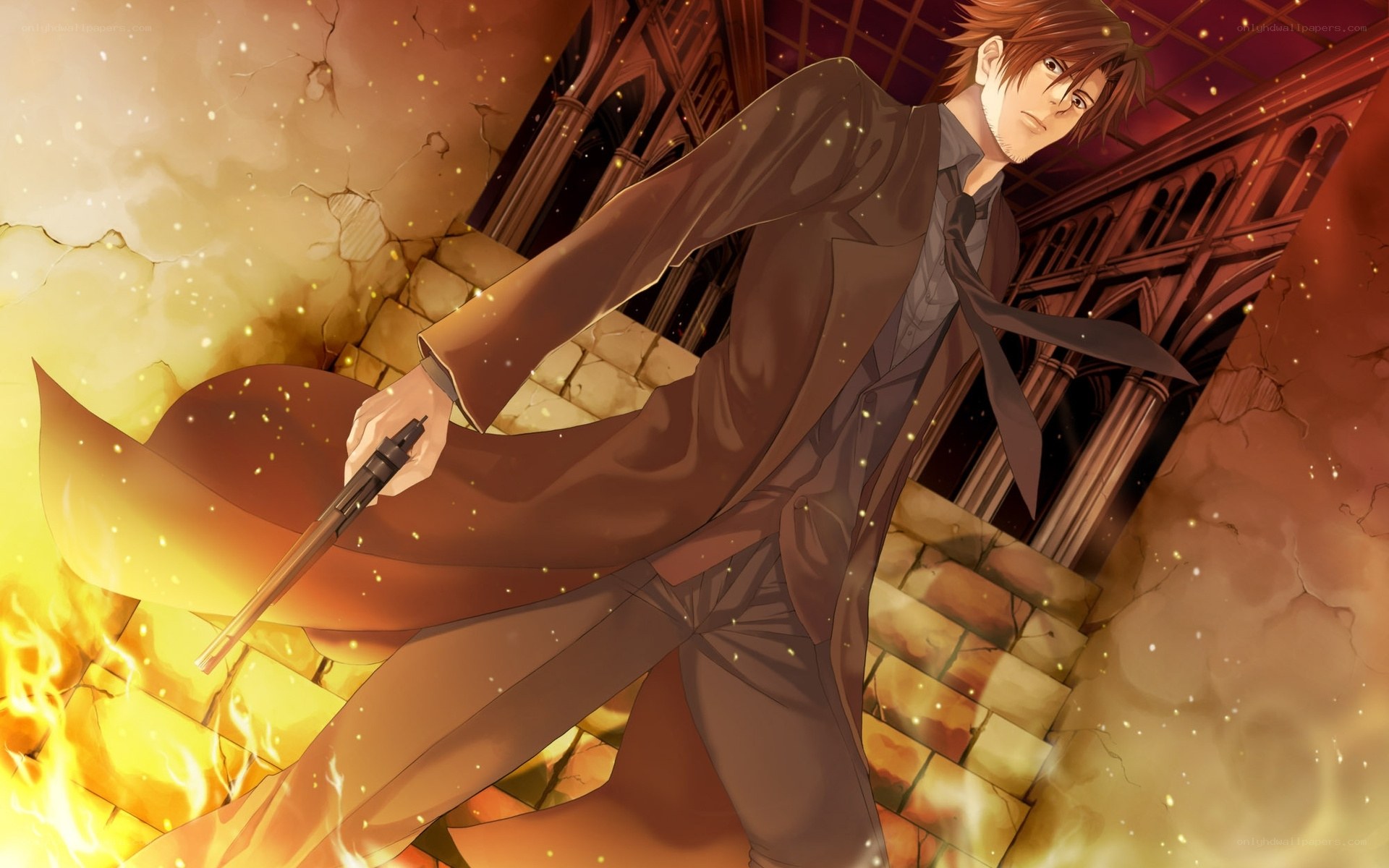 man in trench coat with gun