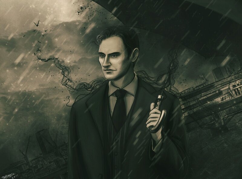 Man in trench coat with umbrella
