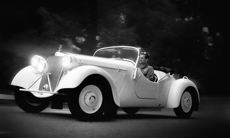 Man in Vintage Car — Black, Dramatic