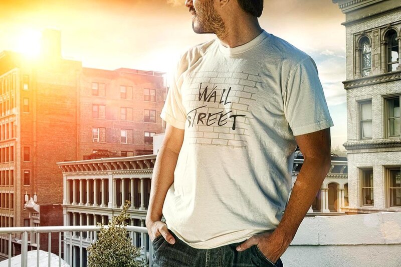 man in wall street t-shirt
