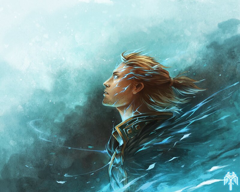 man in water with lightning