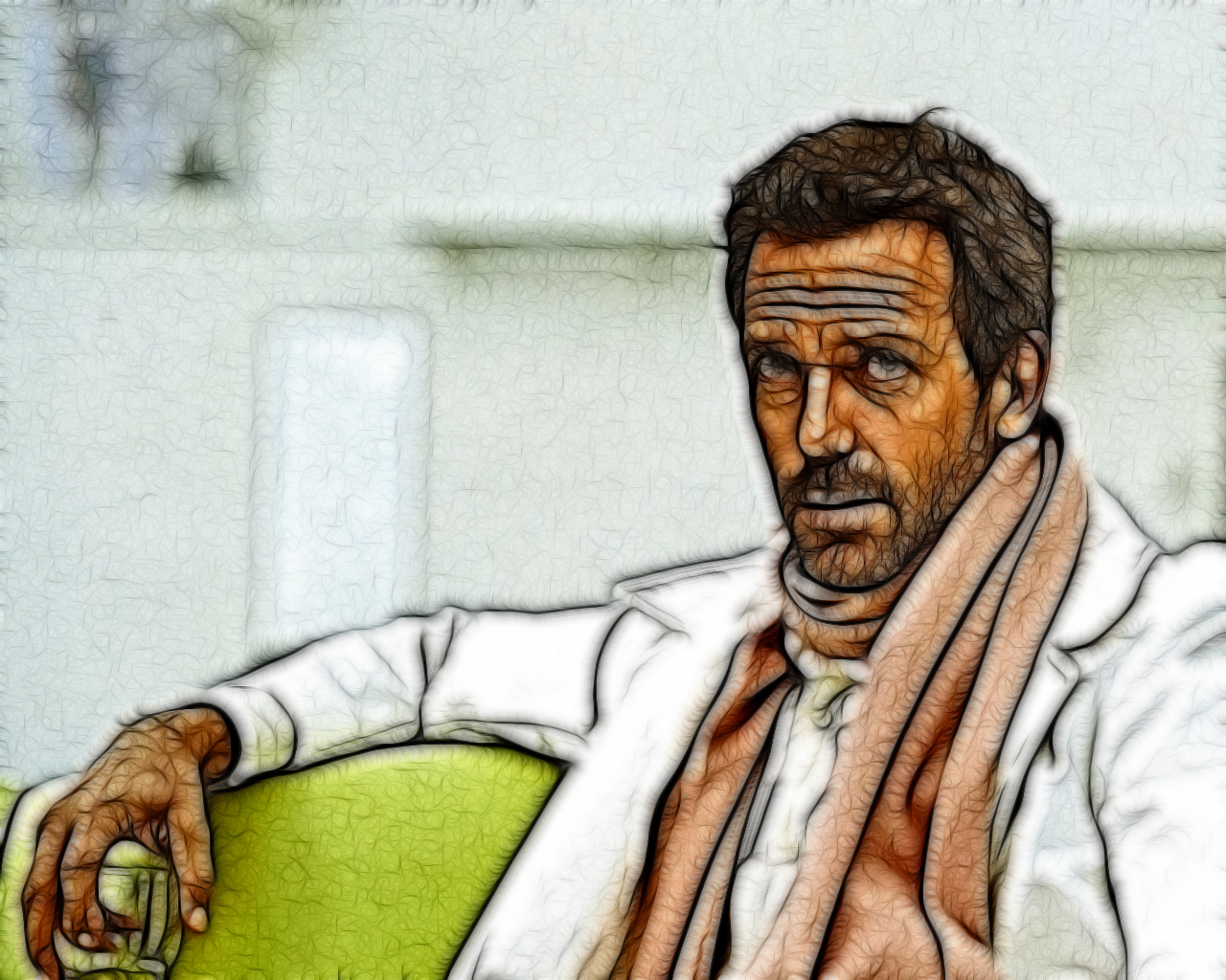 man in white coat sitting