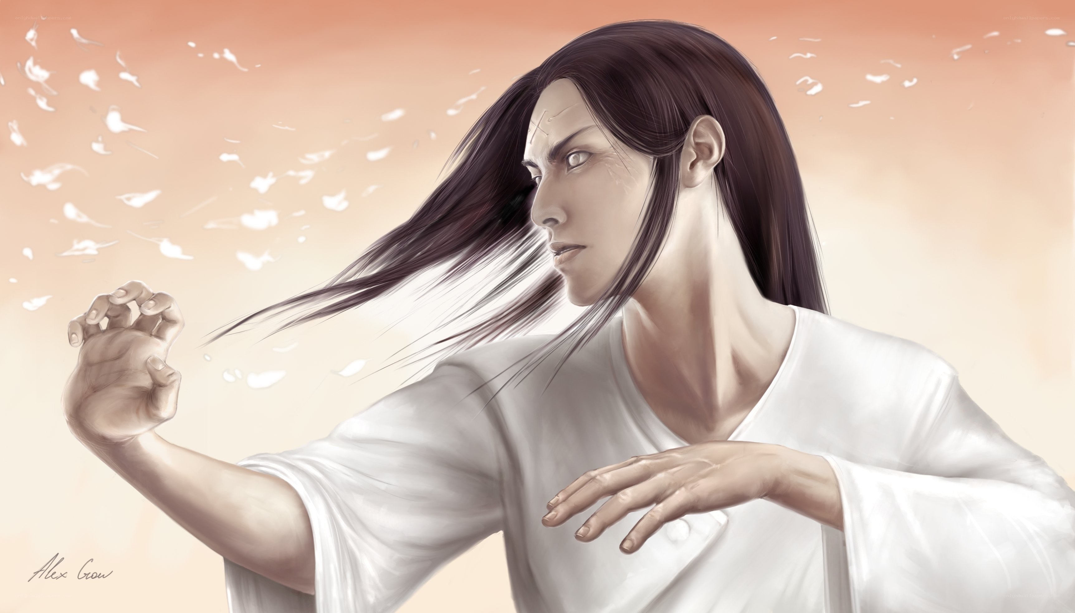 man in white robe with feathers