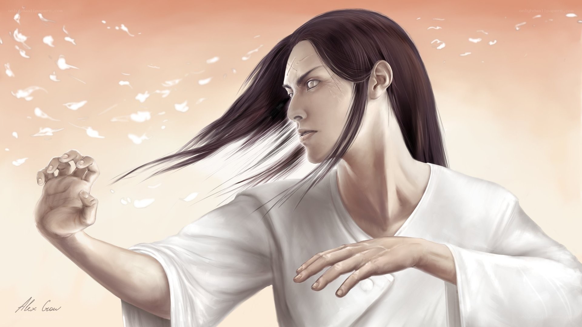 man in white robe with feathers
