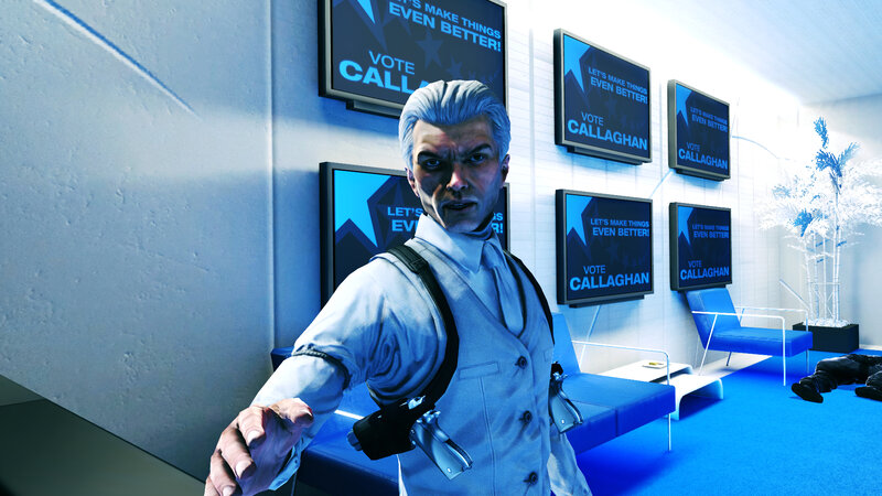 Man in white suit with guns
