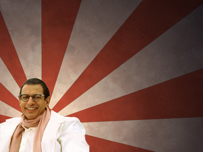 Man in white suit with red background