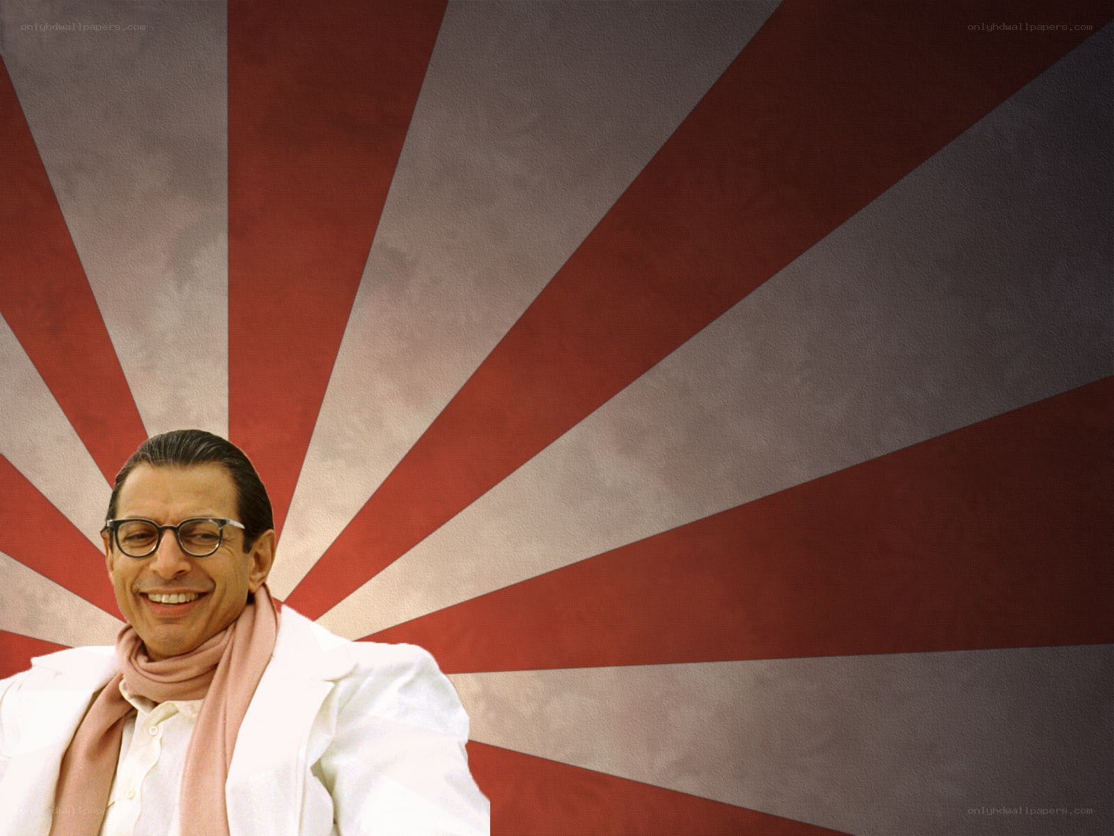 Man in white suit with red background