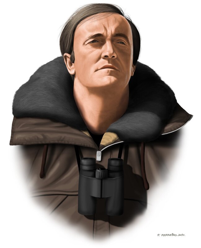 man in winter coat with binoculars