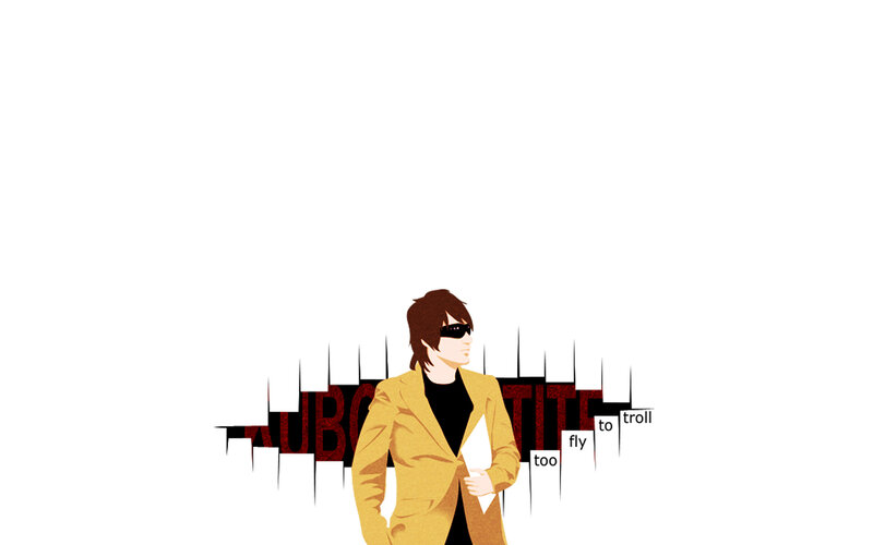 man in yellow jacket with text