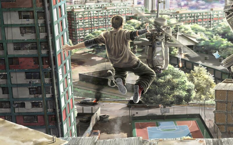 Man Jumping from Building — Green, Dramatic