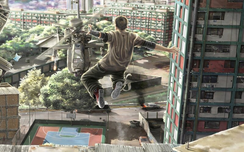 Man Jumping from Helicopter