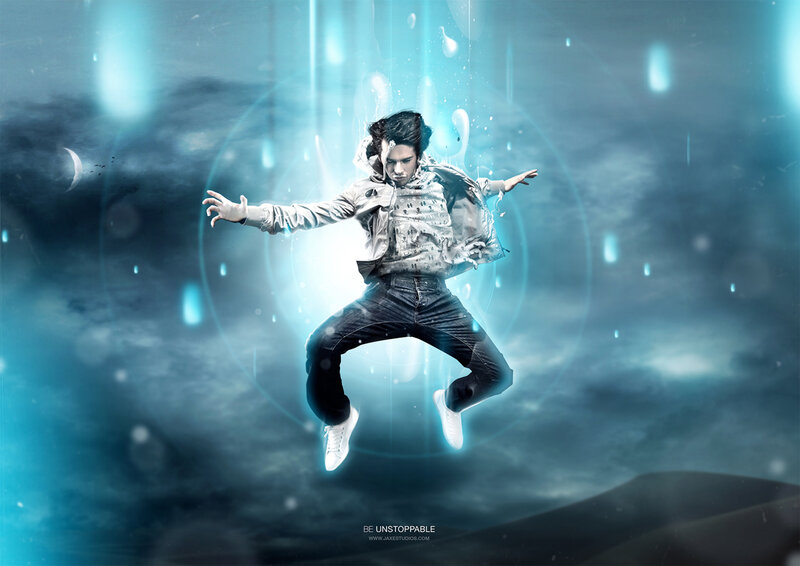 man jumping in blue light