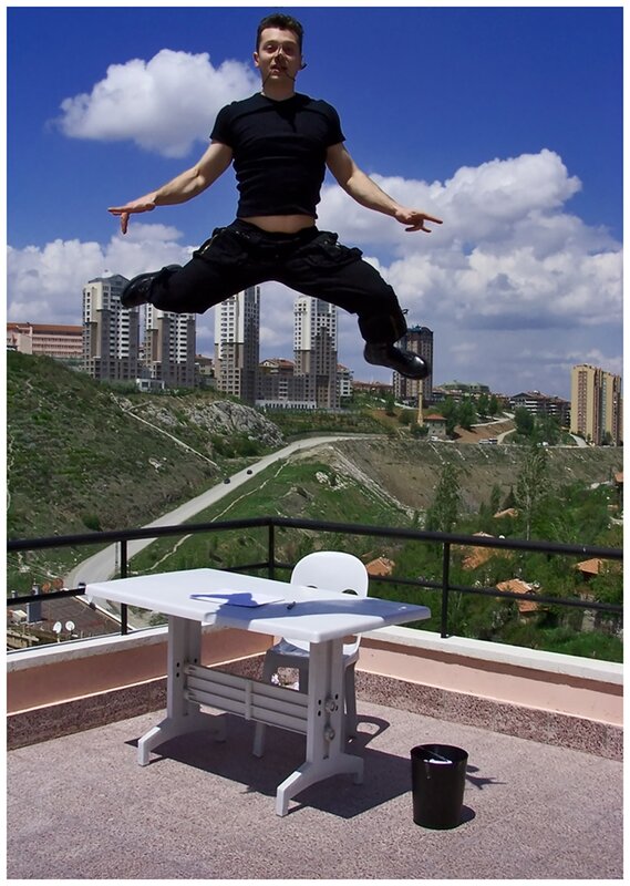 Man jumping on balcony