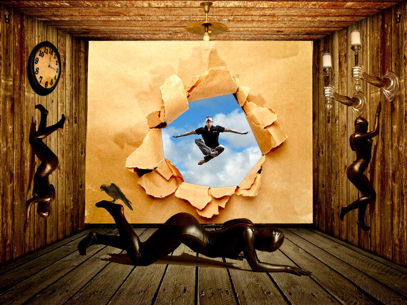 Man Jumping Through Hole