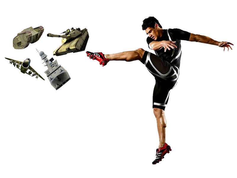 Man Kicking Military Vehicles