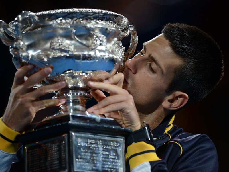 Man Kissing Trophy — Blue