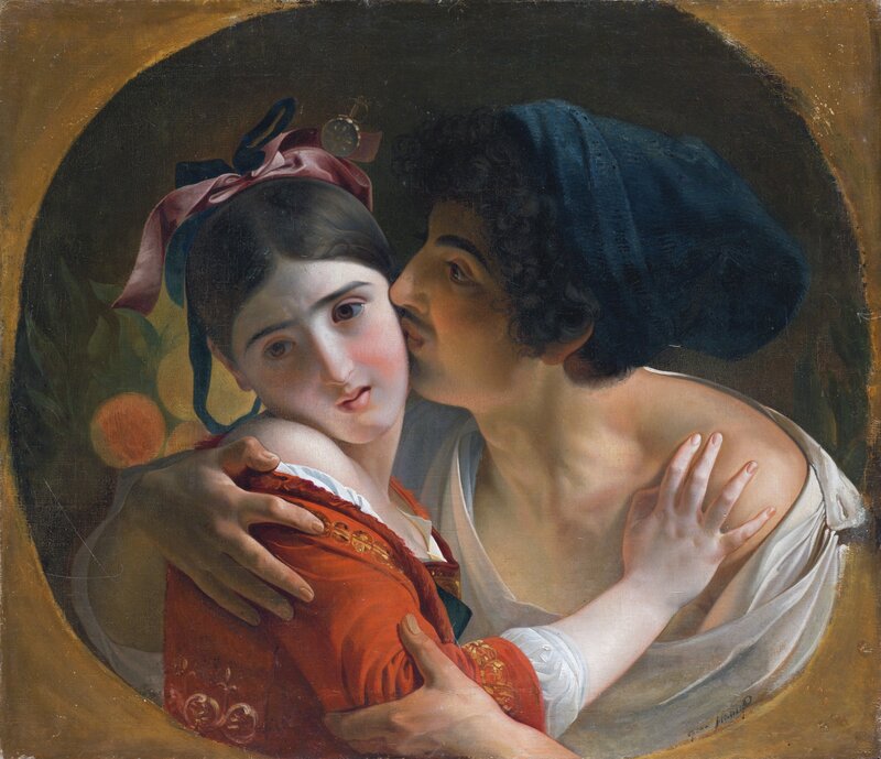Man Kissing Woman — Red, Dramatic, Painting