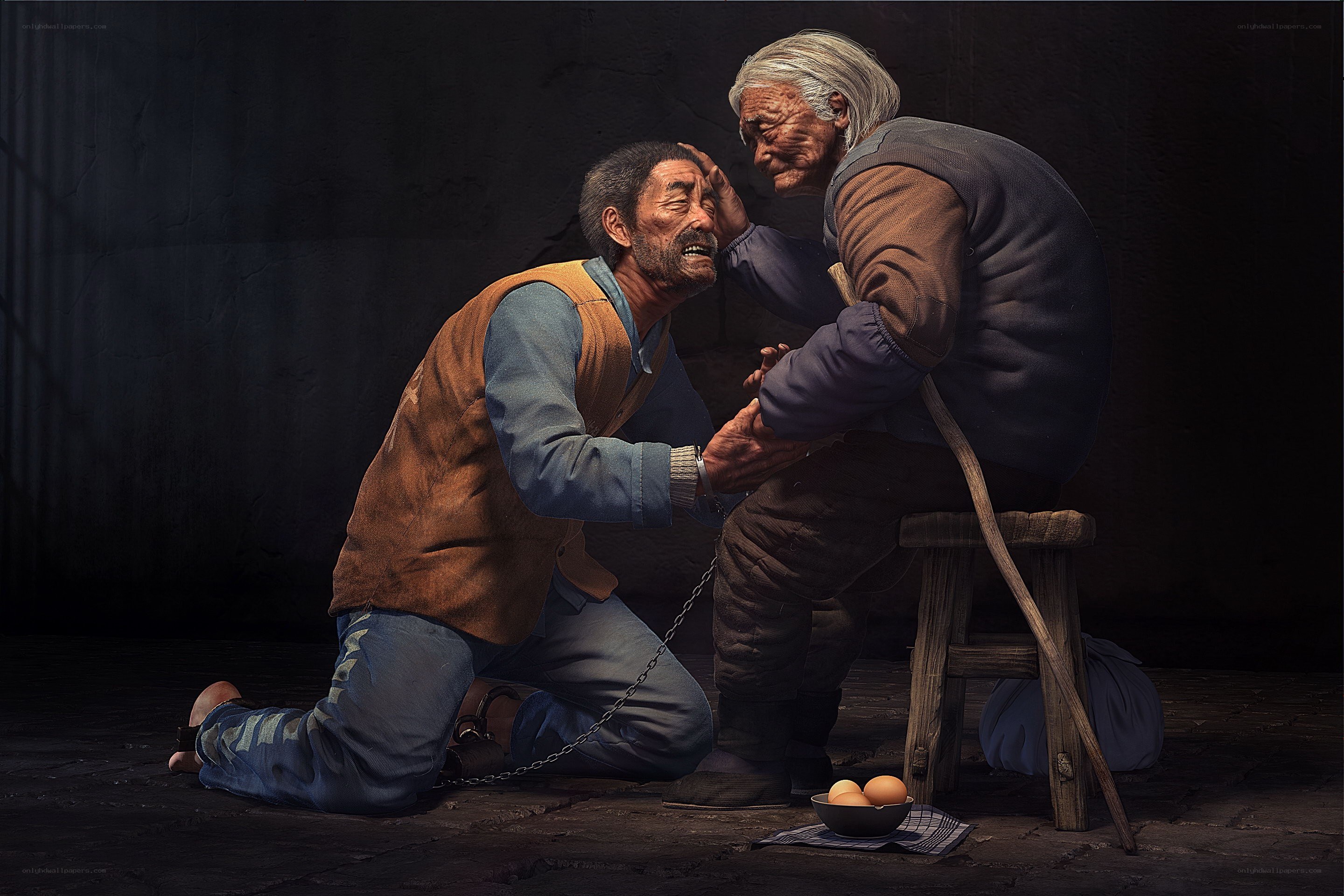 Man kneeling before an elder