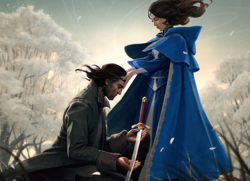 Man Kneeling Before Woman — Blue, Dramatic, Winter, Digital Art, Sword, Blue Cloak, Snowy Forest