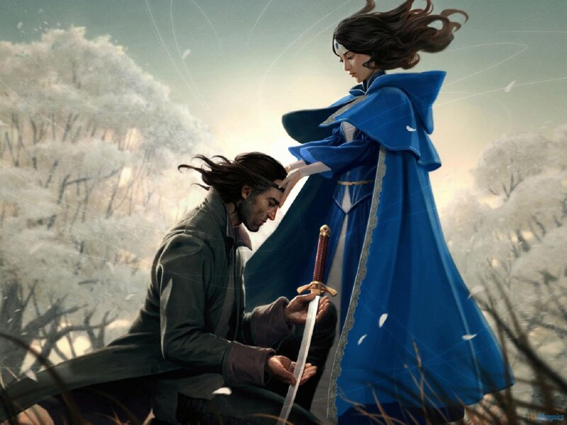 Man Kneeling Before Woman — Blue