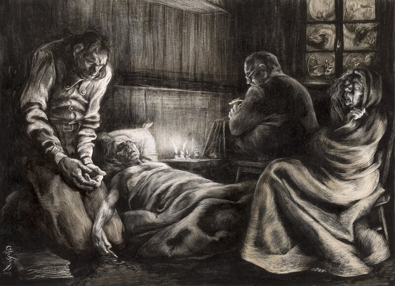 Man Kneeling by Bed