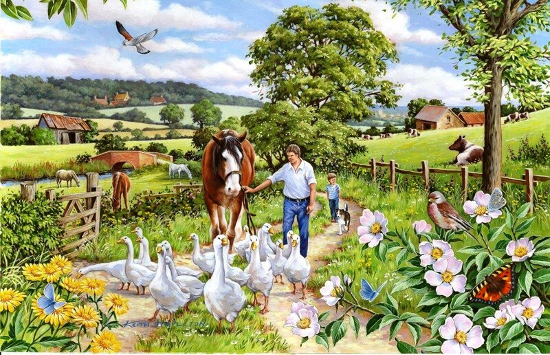Man Leading Horse and Geese