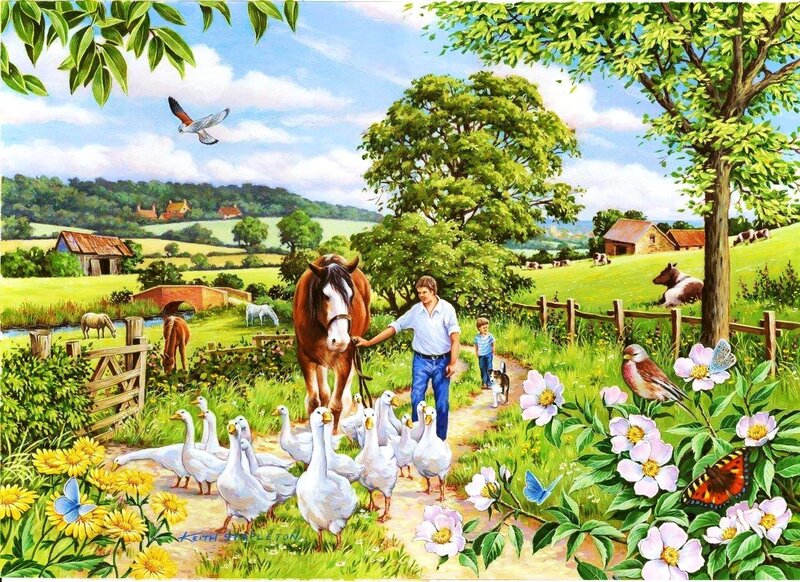 Man Leading Horse with Geese — Green