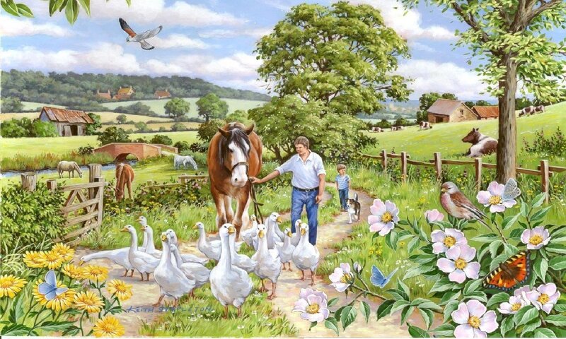 Man Leading Horse with Geese