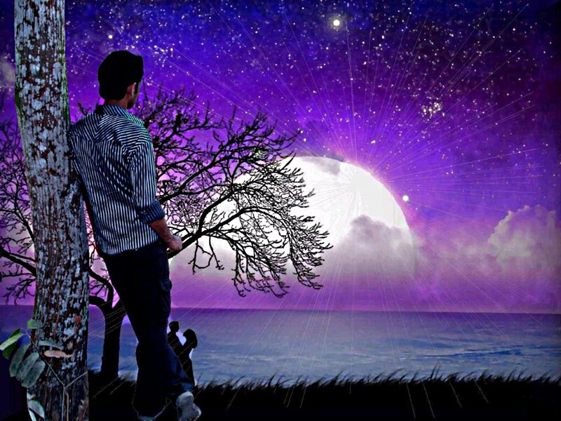Man Leaning on Tree — Purple, Dreamy