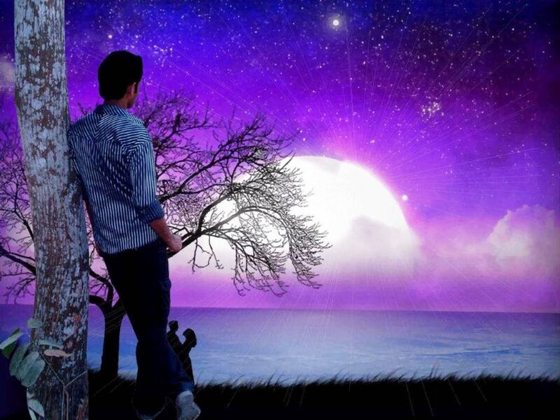 Man Leaning on Tree — Purple