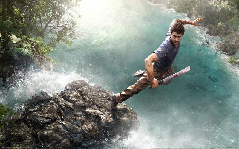 Man Leaping over River — Blue, Dramatic