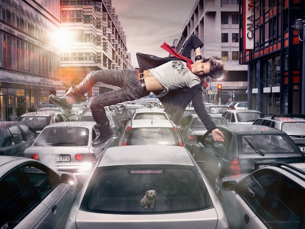 Man leaping over traffic