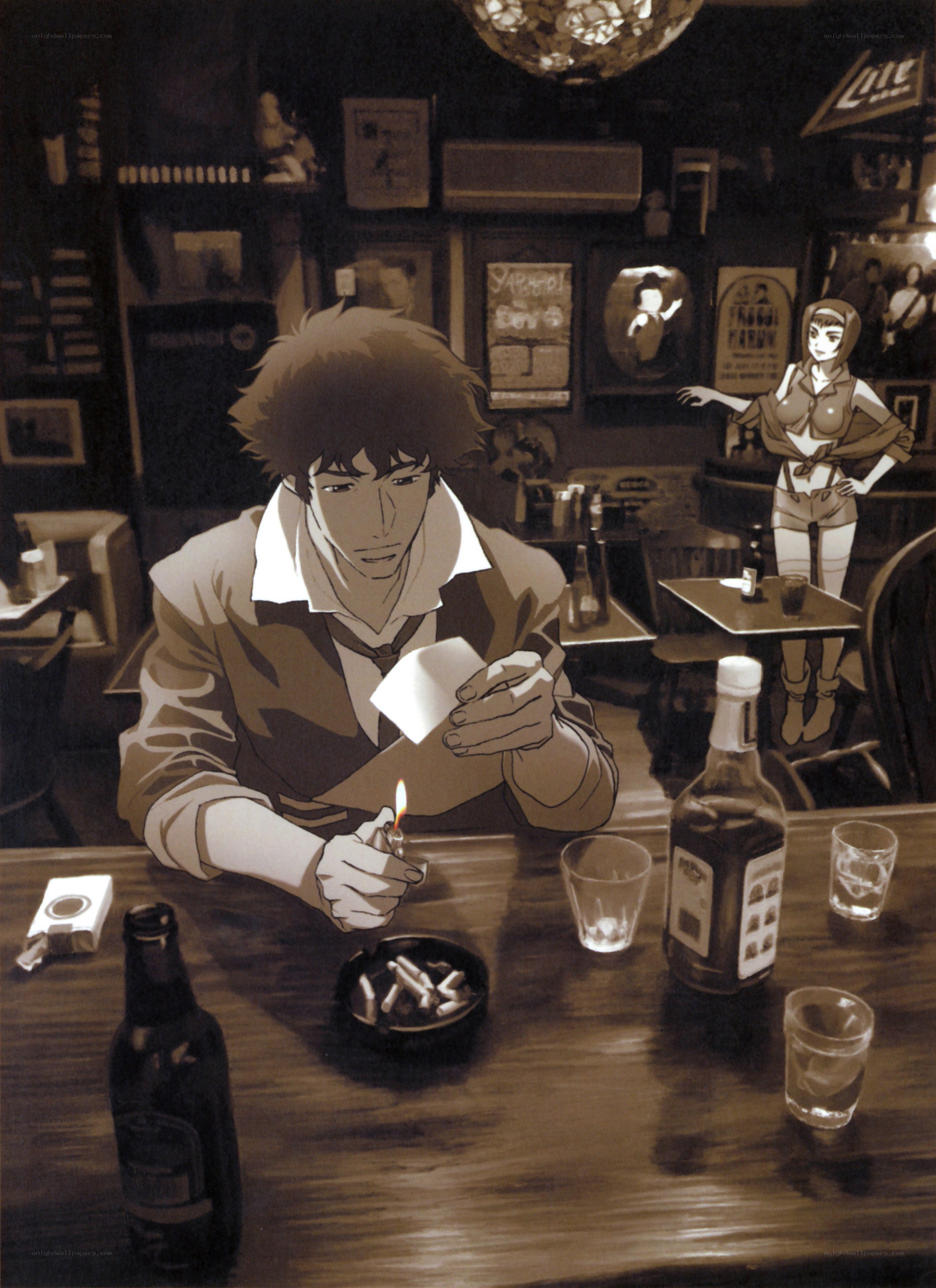 man lighting a cigarette in bar