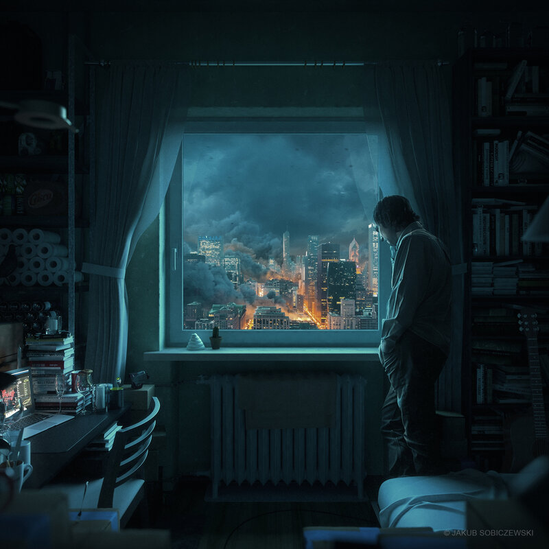 Man Looking at City Fire