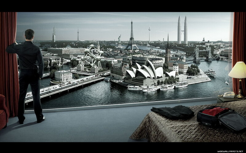 Man Looking at Cityscape — Gray