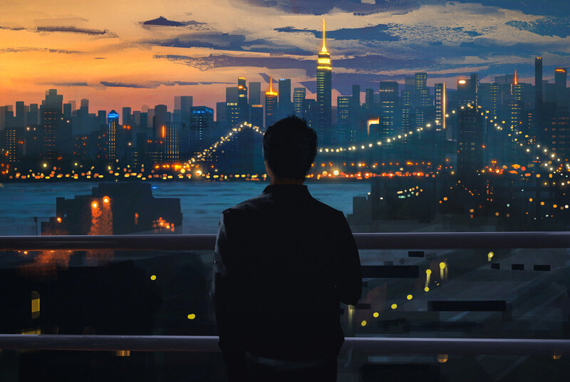 Man Looking at Cityscape — Orange
